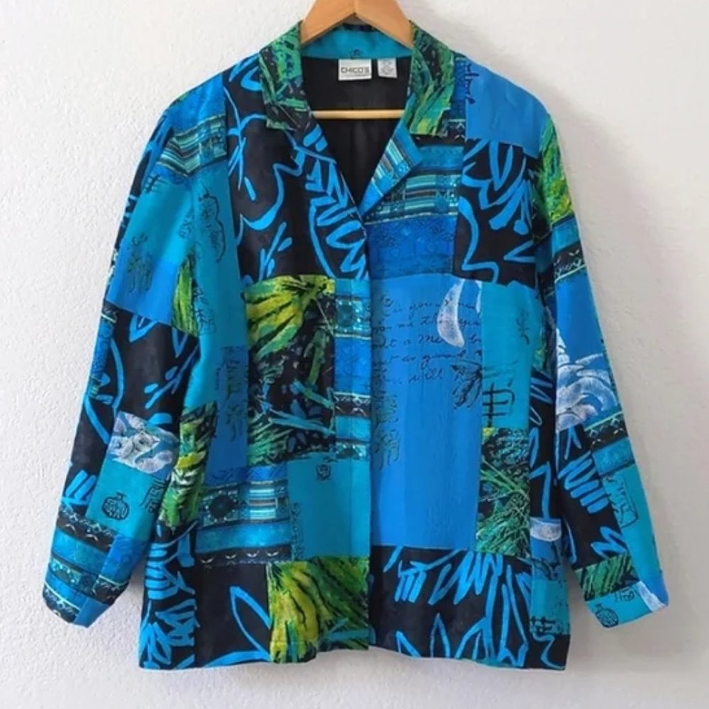 Chico's 3/4 Sleeve Silk-Linen Blend Button Down Top, Turquoise / Black